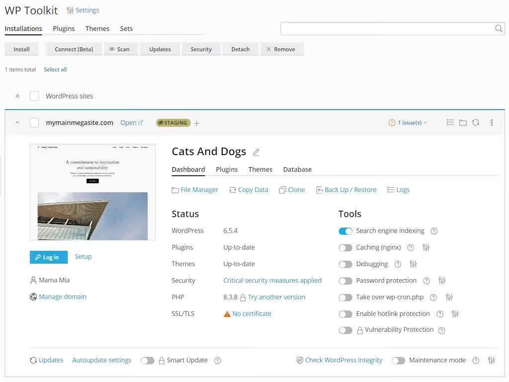 WordPress Toolkit panel showing site status, plugin and theme update state, and one-click tools
